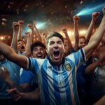 Excited Argentina football fans cheering for their team during a game at stadium. ai generated